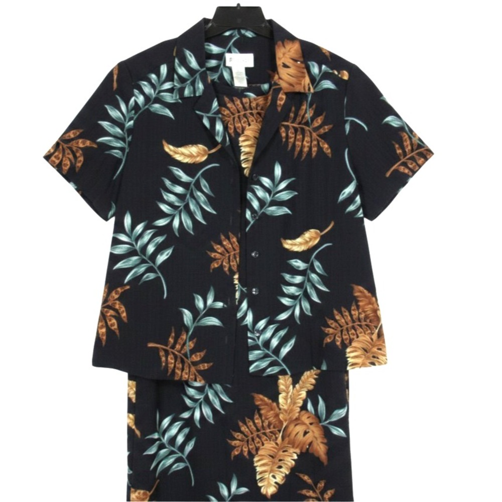 VTG STUDIO I 2pc Black/Multi TROPICAL LEOPARD Button-Up TOP/SHEATH DRESS SET 14